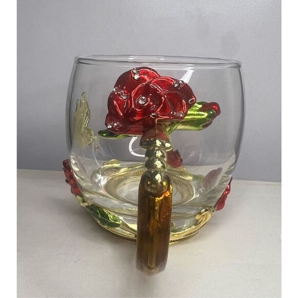 ARC of France Glass Coffee Tea Cup Jeweled Floral Enameled Gold Handle - Picture 3 of 6